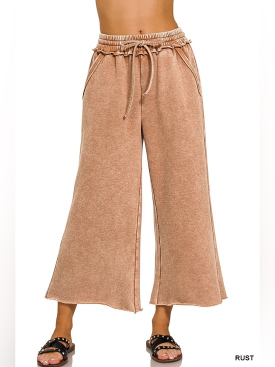 Zenana Outfitters Pants - Zenana Rust Acid Wash Fleece Palazzo Sweatpants with Pockets